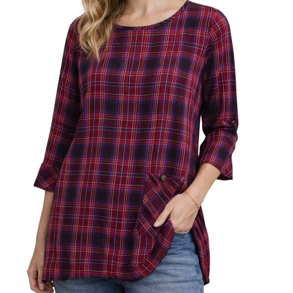 J. Jill Plaid Top Petite‎ Medium Red Blue PurpleTunic 3/4 Sleeve Pocket